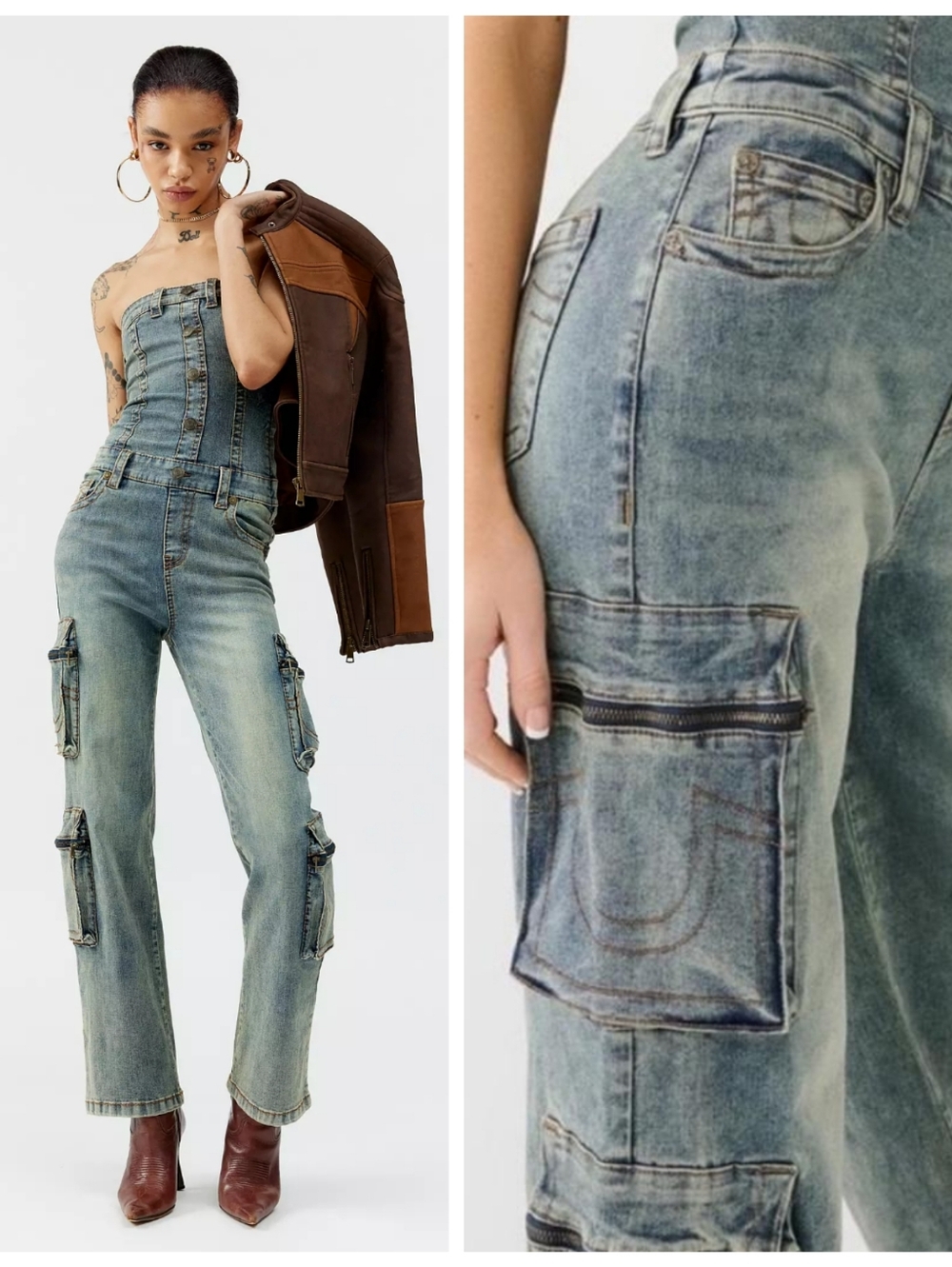True Religion Strapless Denim Cargo Jumpsuit $199 NWT Defect Zipper 26 J1881